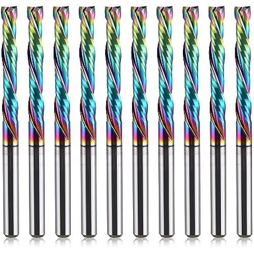 1/8 inch Shank Compression CNC Router Bits Spiral End Mill Wood Cutters 10 PCS, DLC Coating Compression CNC Spiral Bits 1/8 Cutting Dia, 22mm CEL, 2 Flutes Up &Down Cut Carbide End Mills