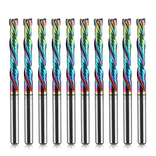 HOZLY 1/8 inch Shank Compression CNC Router Bits Spiral End Mill Wood Cutters 10 PCS, DLC Coating Compression CNC Spiral Bits 1/8 Cutting Dia, 22mm CEL, 2 Flutes Up &Down Cut Carbide End Mills