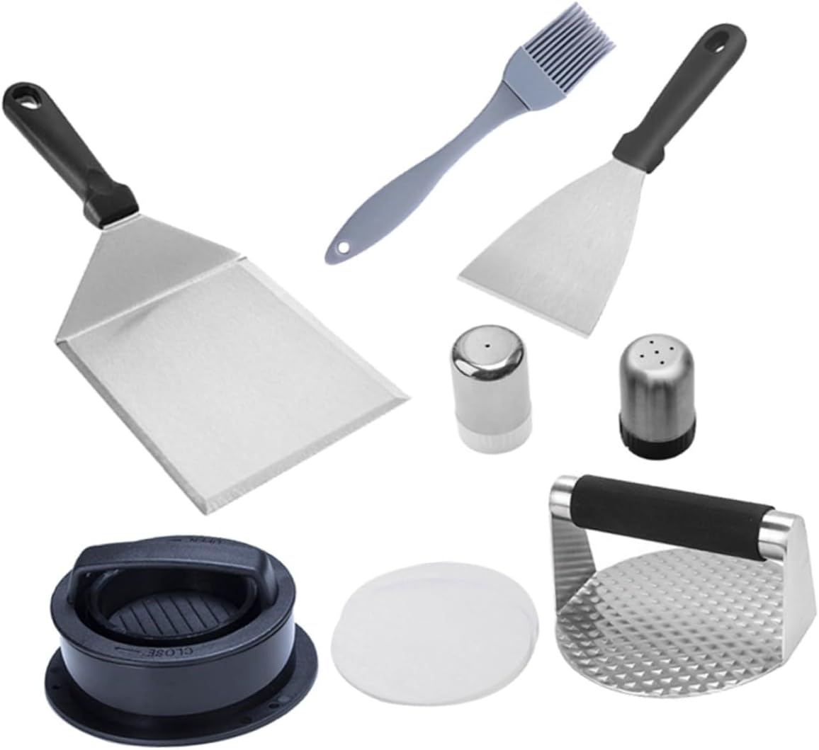 Stainless Steel Grill Tool with Burger Press Spatula Food Brush and Oil Paper Ergonomic Outdoor BBQ Accessories for Camping Wear-Resistant Cooking Kit