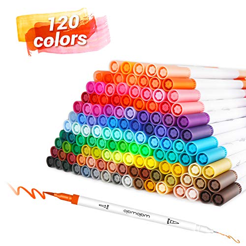 walowalo 120 Colors Dual Tip Brush Pens Set Art Watercolor Markers Fineliner Brush 2 in 1 Case Holder for Adult Artist Calligraphy Hand Lettering Coloring Books Doodling Notes Writing