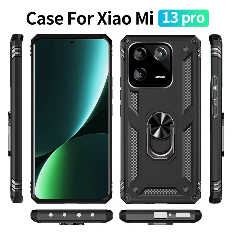 Image of ShieldTech Back Cover for Redmi Note 13 Pro 5G | Rugged Armor Case with Ring Stand | 360 Protection | Shockproof | Camera & Screen Guard (PC, Black)