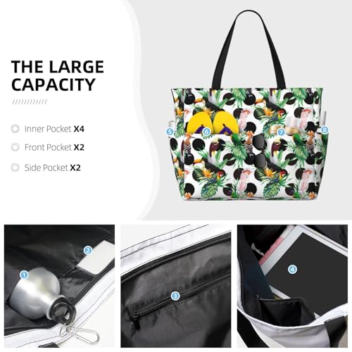 Large Beach Bags Water-resistant Sandproof - Polka Dot Parrot Toucan Leaf Cute Beach Tote Bags for Women with Zipper3
