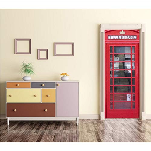 3D Red Telephone Box Door Mural Wall Art Wallpaper Mural Wall Print Decal Wall Deco Wall Mural Photo Self Adhesive Door Wrap 77x200Cm Door Sticker