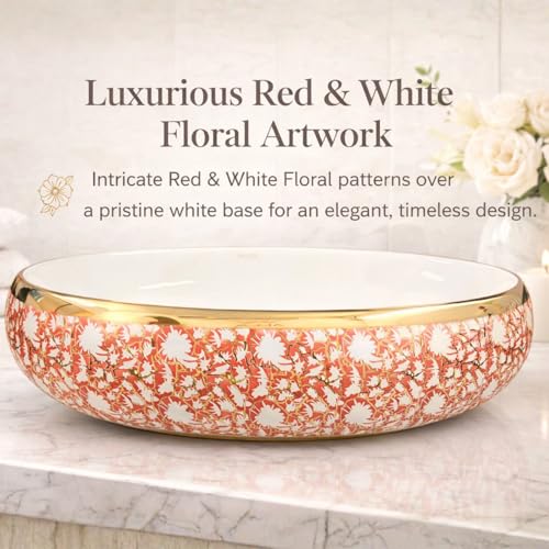 Image of Wallace Designer Oval Table Top Wash Basin 60x40x15 cm | Red & White Floral Pattern with Gold Rim | Premium Ceramic Countertop Vessel Sink | Luxury Above Counter Bathroom Basin