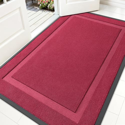 Image of OLANLY Front Door Mat Indoor Outdoor Entrance, Waterproof All-Season, All-Weather Doormat, Sturdy Natural Rubber, Low Profile, Easy Clean Patio Porch Entryway Mat, 59x34, Burgundy