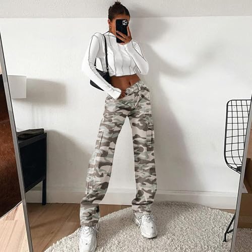 Image of Lepunuo Cargo Pants for Women High Waisted Casual Pants Baggy Stretchy Wide Leg Y2K Streetwear with 6 Pockets