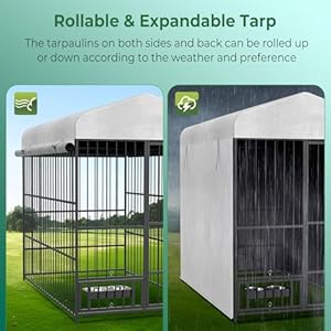 Dog Kennel Outdoor with Waterproof Roof and Rotating Feeding Doors, Outdoor Dog Kennel Playpen Crate with Secure Lock and Bowls, Large Heavy Duty Welded Wire Dogs Run Enclosure, 6.6’×3.9’×5.9′