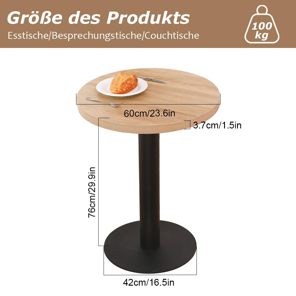 Mingone Esstisch Rund 60cm Küchentisch Klein Esszimmertisch mit Holzplatte Runder Tisch Eiche-Optik mit Metallbein für Wohnzimmer Balkon Esszimmer