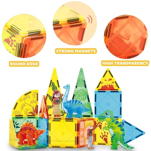 HACOCOLA Dinosaur Magnetic Tiles, Educational Magnet Tiles Building Block Toy Dino World, Learning Construction Magnetic Toys Set for Boys Girls Kids Age 3 4 5 6 7 8(49 PCS)
