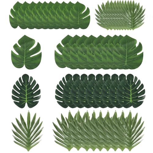 Dstarymnix Hojas Decorativas Artificiales, Paquete de 50 Hojas de Palma Artificiales y Hojas de Monstera Decorativas, Plantas Tropicales Decorativas para Fiestas en la Playa Hawaianas