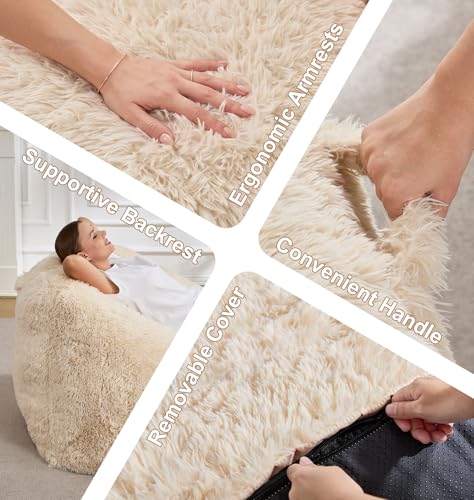 Image of Hobestluk Bean Bag Chair Plush Accent Chair Armrest Living Room Adult Beige