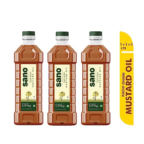 Image of Sano Pure & Fresh Kachi Ghani Mustard Oil - 1L x 3 Pack PET Bottles - High Pungency, Rich in Omega-3, 100% Natural - Authentic Indian Cooking Oil for Healthier Meals