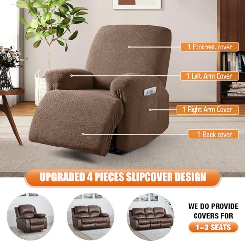 Image of VANSOFY Oversized Recliner Chair Cover, 4-Pieces Stretch Recliner Covers for Recliner Chair Soft Reclining Chair Slipcover Jacquard Pattern Furniture Protector for Dogs Cats(Light Coffee)