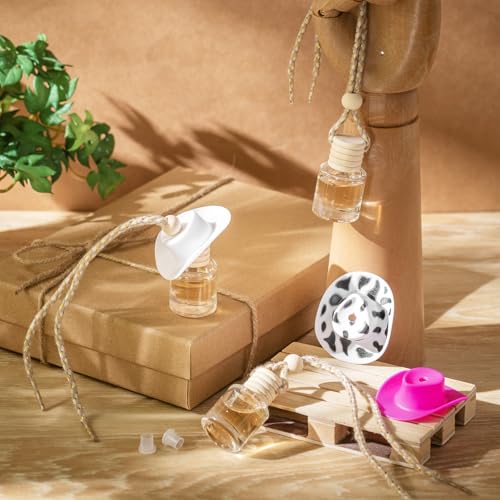 Image of 3 Pieces Cowboy Hat Air Freshener Hanging Cow Diffuser Bottles Western Country Refillable Empty Glass Perfume Bottle Car Interior Rear View Mirror Accessories(White, Spots, Pink,Cow)