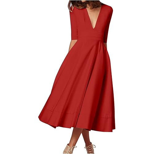 LFEOOST 3/4 Sleeve Dresses for Women Sexy Deep V Neck Party Long Dress Summer Solid Ruffle Elegant Flowy Evening Dress Pocket