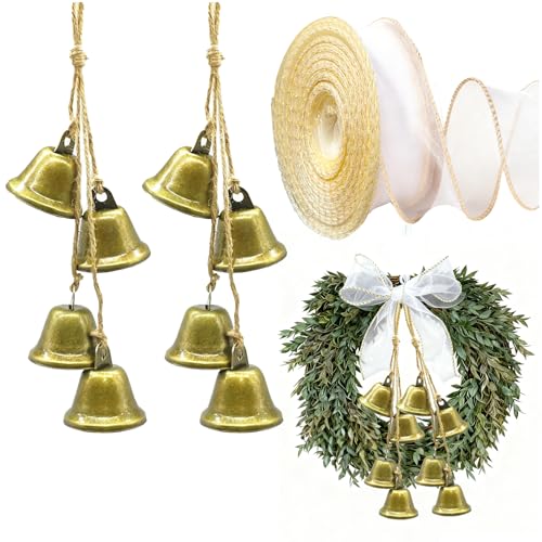 Aphohome Farmhouse Bells Rustic Antique Bronze Iron Cow Bells Door Hanging Decor Set of 2 with Jute Rope and Ribbon Vintage Brass Bells for Barn Wedding Decorations Christmas Accent