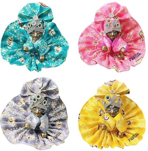 Image of Partish Laddu Gopal Summer Dress with Pagdi (Pack of 4) l Ladoo Gopal Cotton Dress l Kanha Ji Poshak Size 0 1 2 3 4 5 6 (Design E, Size 3)