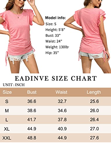 Eadinve Womens T Shirts Summer Ruffle Short Sleeve Pleated Loose Fit Crew Neck Side Tie Drawstring Tunic Casual Tops Green #TOP5