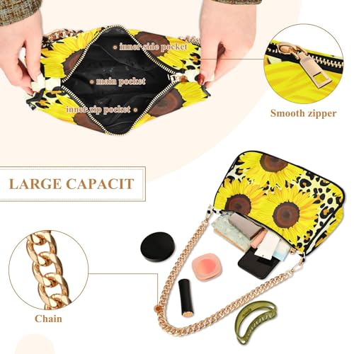Bright Sunflowers Black Leopard Tote Handbag Womens Floral Shoulder Purses Crossbody Purse Zipper Closure Chain Strap4
