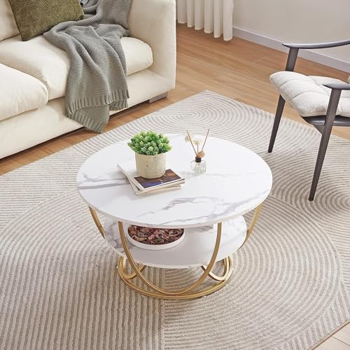 Image of Metal Base Handmade Round Coffee Table for Living Room /Drawing Room and Office Water-Proof Table Top Marble Finish End Table /Coffee Table /Lamp Stand /Center Table (Round, M-Medium)