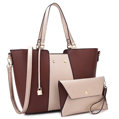 Women Large Vegan Leather Tote Bag Two Tone Handbag Fashion Work Bag Shoulder Purse (Coffee/Gold)