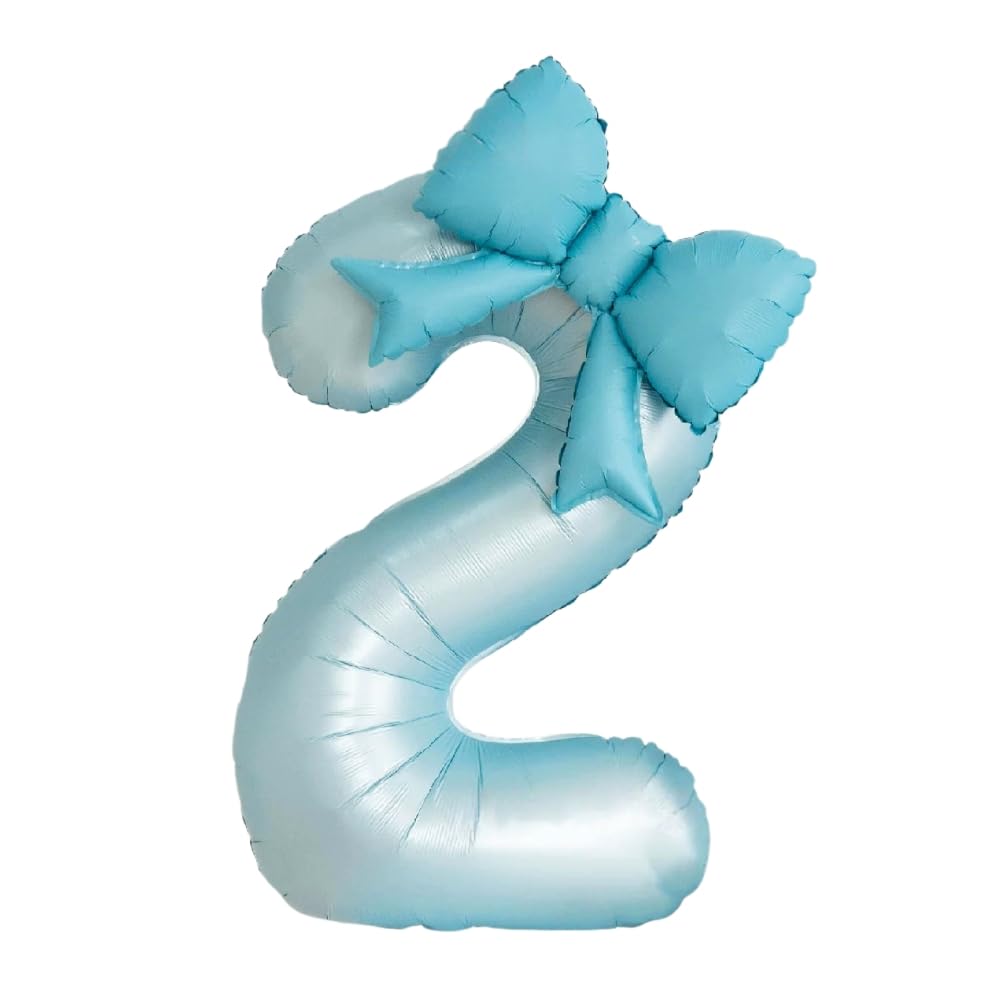 Fashion Yo 40'' Number with Bow Balloon, Self Inflating Foil Light Pink Set 0-9, Pastel Pink Helium Balloon for Girls Birthday Party Decorations Anniversary Supplies (Blue Number 2)