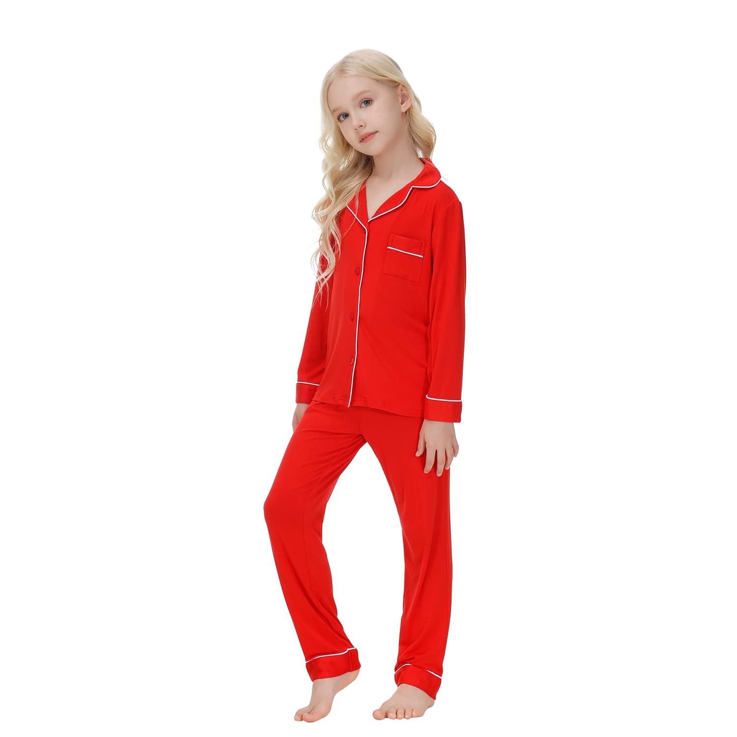 Verve Jelly Unisex Mädchen Jungen Pyjama-Set Button-Down-PJs Langarm-Button-Down-Hemd mit Taschen Lange Hosen Nachtwäsche Zweiteilige Lounge-Sets
