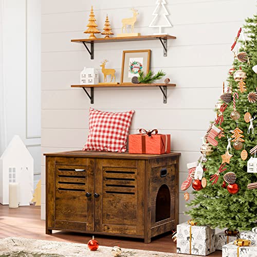 Dinzi Lvj Long Wall Shelves, 31.5 Inch Wall Mounted Shelves Set Of 2, Easy-To-Install, Wall Storage Ledges With Sturdy Metal Brackets For Living Room, Bathroom, Bedroom, Kitchen, Rustic Brown #TOP1