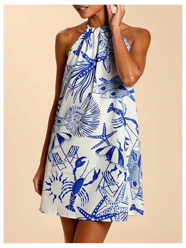 Image of SweatyRocks Women's Tropical Print Halter Dresses Sleeveless Holiday Summer Mini Dress