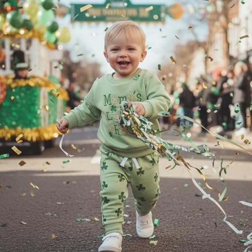 Image of Toddler Baby Boy Girl St Patricks Day Outfit Lucky Embroidery Waffle Long Sleeve Sweatshirt Pants Spring Clothes Set