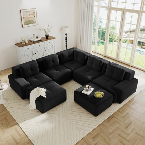 Image of 116.1 inch Modular Sectional Boneless Sofa with 5-Seater, V-Shaped Corner Deep Seat Sofa for Living Room, Big Comfy Cloud Couch with 2 Movable Ottomans, Corduroy Fabric, No Assembly, Black