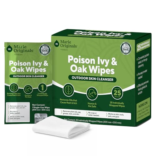 Marie Originals Poison Ivy Wipes Outdoor Skin Cleanser Wipes for Poison Oak Areas Hiking Camping & Gardening No-Rinse Wipes for Plant Oils Dirt Sap & Outdoor Residue 25 Packets