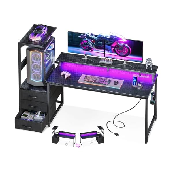 AODK 59 Inch Gaming Desk with USB Charging Ports & LED Light- Reversible Computer Desk with Storage Shelves & Monitor Stand, Modern Gamer Desk Table with Fabric Drawers & Side Hook, Carbon Fiber Black