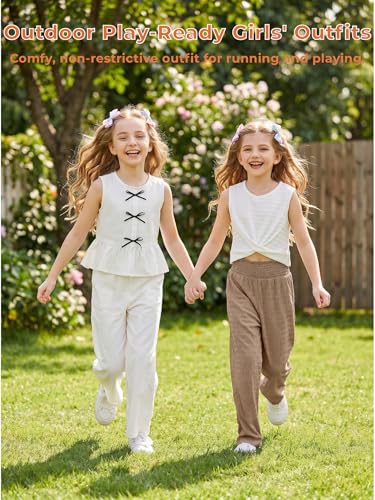 Image of Girls' Clothing Sets Sleeveless Bow Crop Top Wide Leg Linen Pants 2026 Summer Outfits Cute Kids Clothes