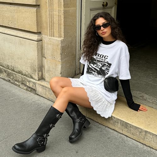 Image of AMINUGAL Knee High Boots Women Square Toe Pull On Wide Calf Riding Fashion Buckles Chunky Metallic Casual Vintage Buckle Rivet