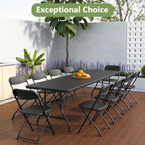 Image of Folding Table, 8FT Foldable Picnic Table with Carrying Handle, Heavy Duty Fold-in-Half Portable Table for Weddings, Camping, RV Travel, Parties, BBQs, and Indoor Use, Easy to Fold and Store