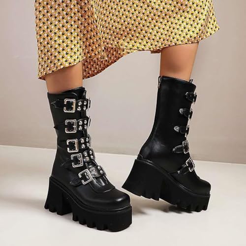 Women Platform Goth Boots Studded Mid Calf Combat Punk Boots Buckle Chunky Heel Back Zipper Thick Sole Ankle Booties2
