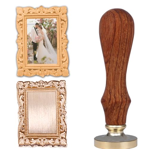 VSECUON 3D Embossed Rectangle Frame Wax Seal Stamp Removable Brass Head with Wooden Handle 3D Relief Photo Frame Sealing Wax Stamp for Wedding Invitations Scrapbooking Letters Gift Christmas