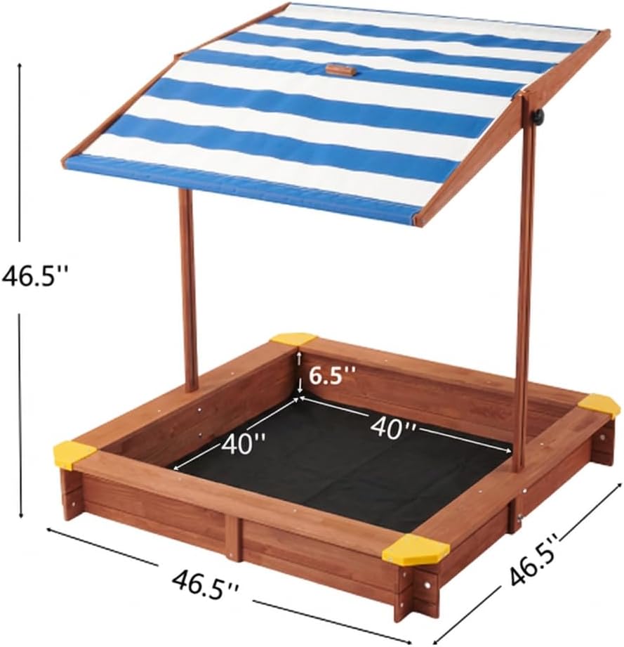 46" Wooden Kids Sandbox with Adjustable Canopy and Cover, Outdoor Sand Box with Liner for Backyard, Large Hemlock Sandpit for Toddlers 3-8 Years