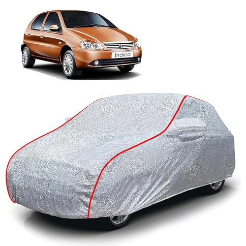 Image of Sulfar 100% Waterproof Car Body Cover Compatible with Mirror for Tata Indica (Triple Stitched, Full Bottom Elastic, Magic Silver with Red Piping)