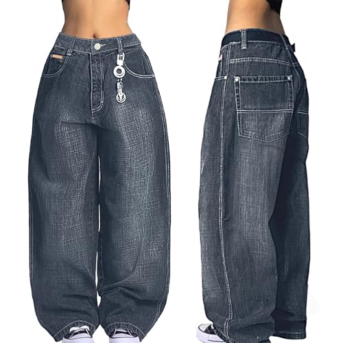 Image of EMMIOL Women Hip Hop 90s Vintage Baggy Jeans Denim Pants Mid Waist Jeans