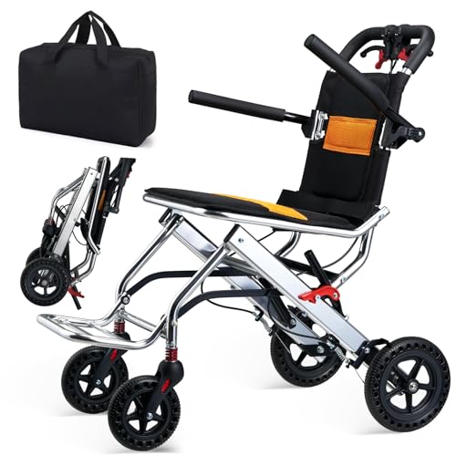 Ultra-Lightweight 19lbs Foldable Transport Wheelchair for Seniors - Portable Aluminum Travel Wheelchair with Carrying Bag, Supports 220lbs Capacity