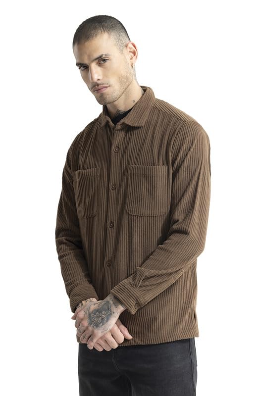 Image of SNITCH Men's Textured| Self-Design Shirts | Casual Wear| College Wear Streetwear Style | Polyester Spread Full Sleeve Relaxed Fit Brown