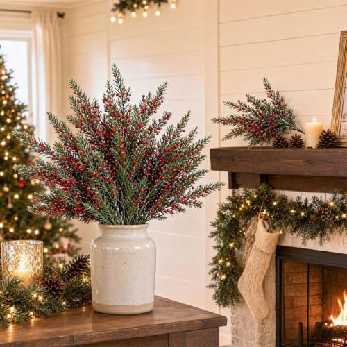 4 PCS Artificial Cedar Branches w/ Red Berries Christmas Picks and Sprays - image 4