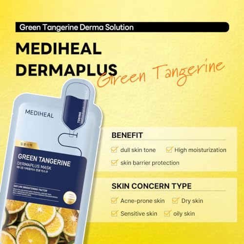 Image of MEDIHEAL Dermaplus Green Tangerine Mask (10 Counts) - Daily Vegan Mask for Toning Skin with Panthenol & Hyaluron, Korean Self Skin Care Sheet Mask