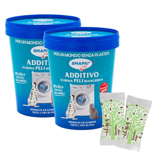 Eliminador de pelo aditivo para lavadora, solución para la colada con pelo de mascotas, 2 paquetes de 500 g Smapiu Pet + 2 jabones Ohana de regalo