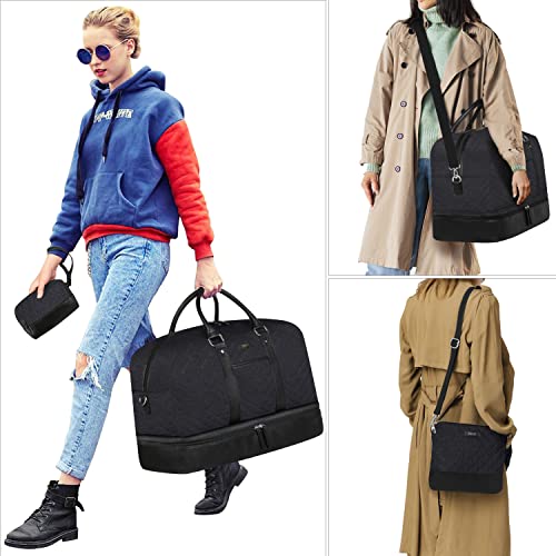 Image of Weekender Bag for Women, Large Overnight Bag Canvas Travel Duffel Bag Carry On Tote with Shoe Compartment 21 inch 3Pcs Set, A06-black+black, Large, Practical
