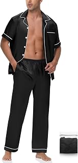 Mens Silk Pajama Set Satin Pjs Short Sleeve Button Down Sleepwear Classic Loungewear Set With Pants S-3XL