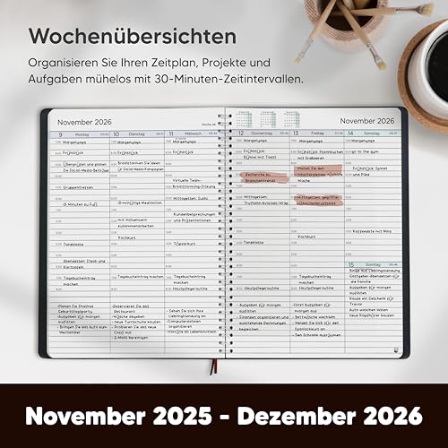 Terminplaner 2026 A4 von Smart Panda – Wochenplaner A4, Kalender 2026 – Softcover Tagebuch, 30 Minuten-Intervalle – Terminkalender, Planer 2026 – auf Deutsch