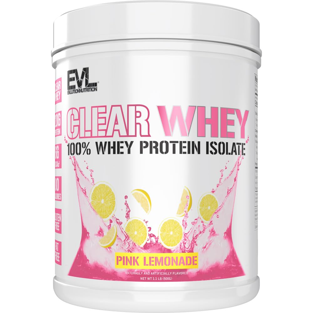 Evlution Nutrition Clear Whey - 100% Whey Protein Isolate - for Muscle Growth, Strength & Recovery - 20g Isolate Protein Per Serving - Fast Absorbing - Gluten & Fat Free - 1.1lb - Pink Lemonade